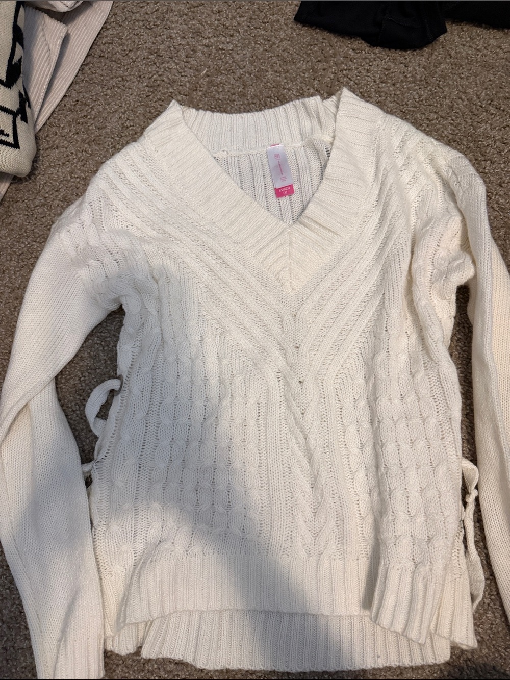 No Boundaries Cable Knit V-Neck Sweater in White